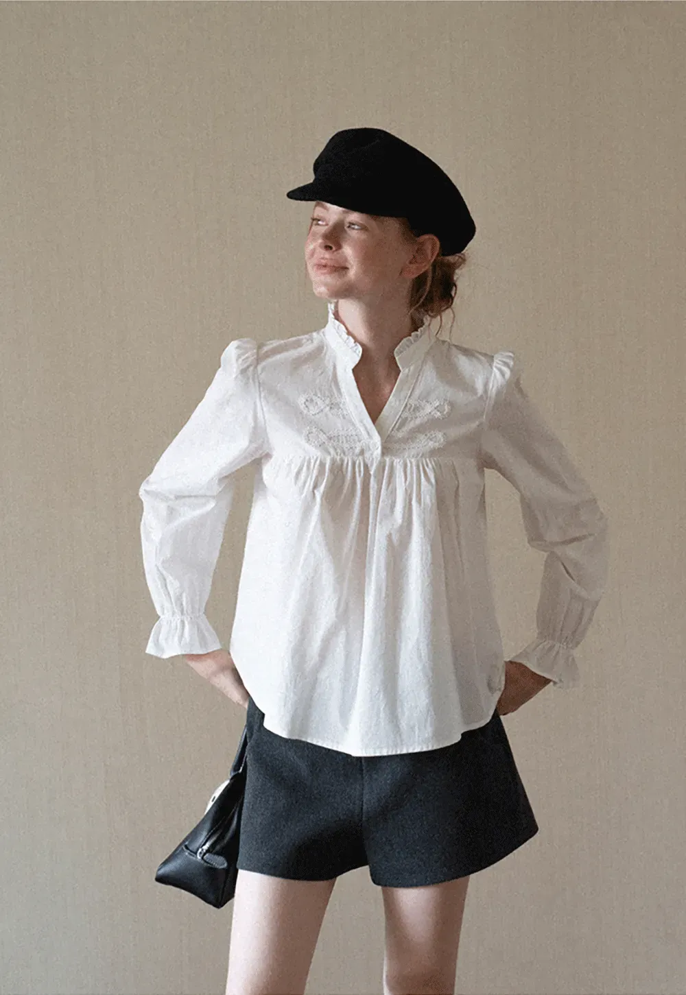 Embroidered Yoke Puff Sleeve Blouse