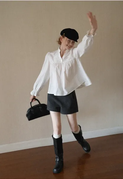 Embroidered Yoke Puff Sleeve Blouse