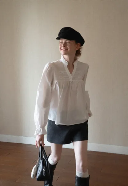 Embroidered Yoke Puff Sleeve Blouse