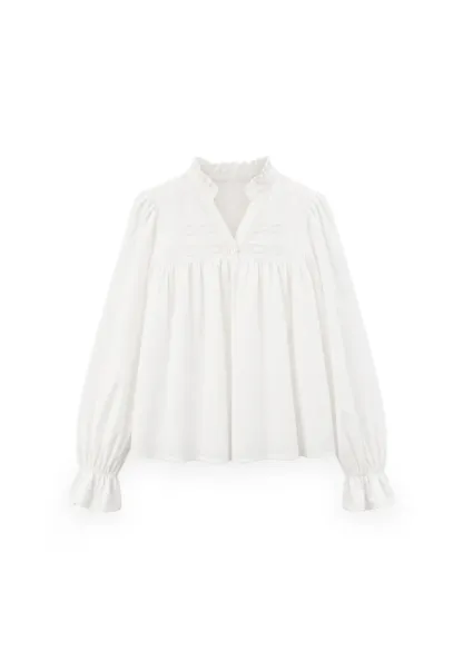 Embroidered Yoke Puff Sleeve Blouse