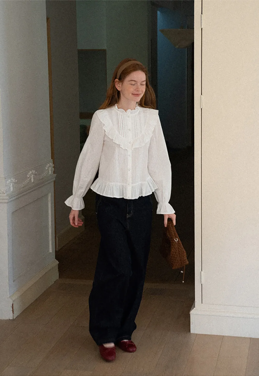 Ruffled Collar Pleated Front Button Up Shirt