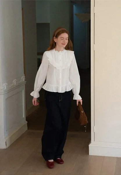 Ruffled Collar Pleated Front Button Up Shirt