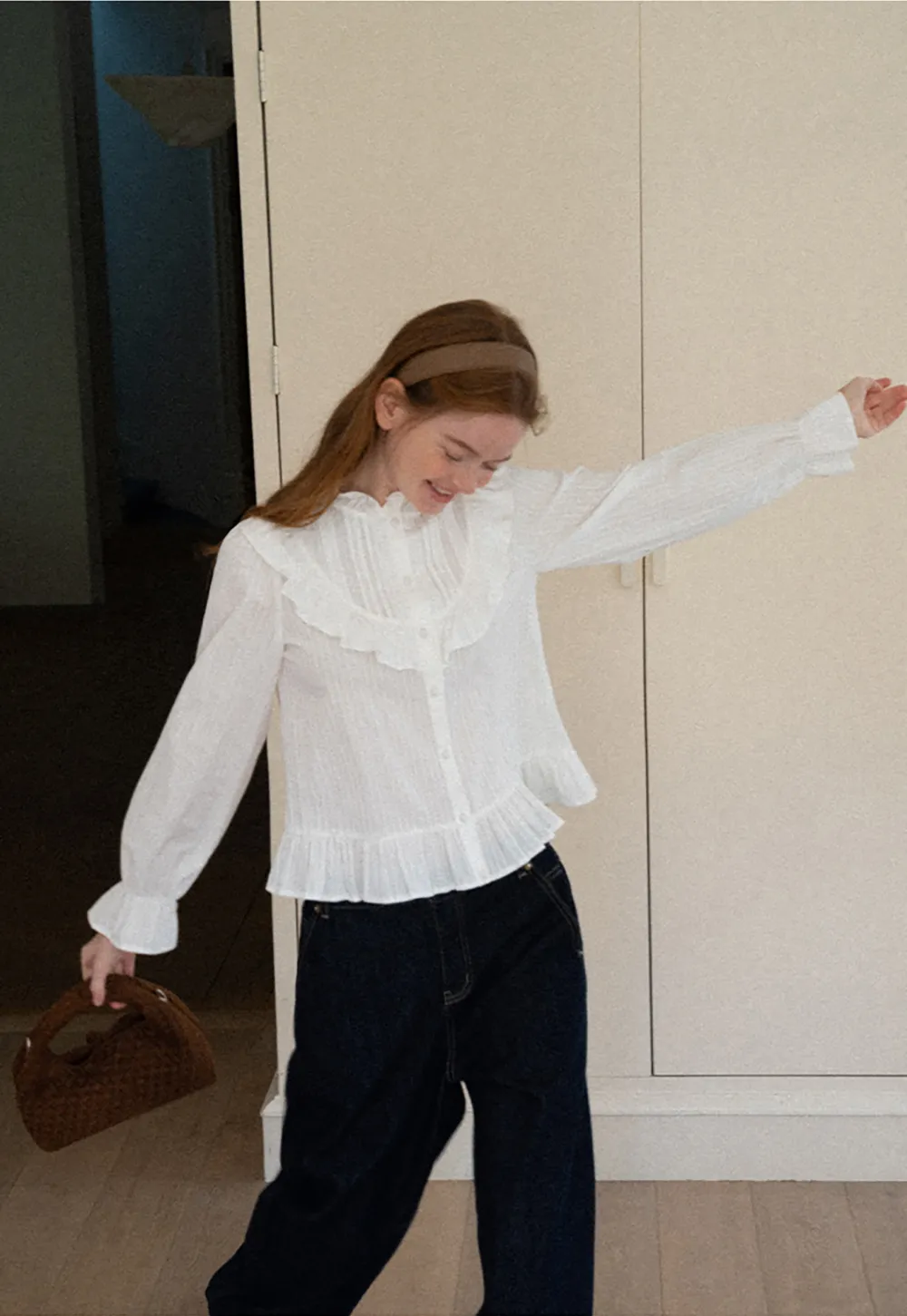 Ruffled Collar Pleated Front Button Up Shirt