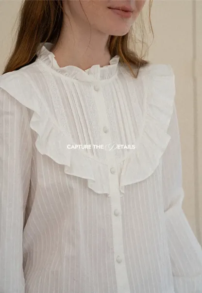 Ruffled Collar Pleated Front Button Up Shirt