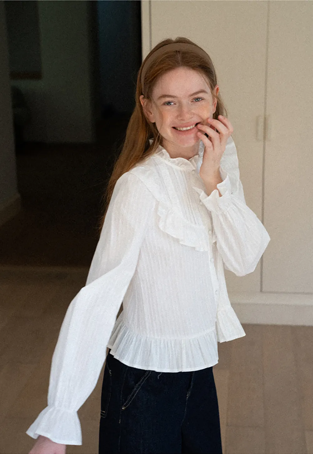 Ruffled Collar Pleated Front Button Up Shirt