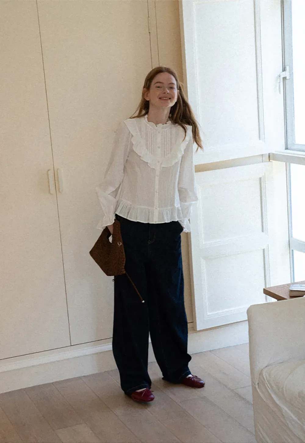 Ruffled Collar Pleated Front Button Up Shirt
