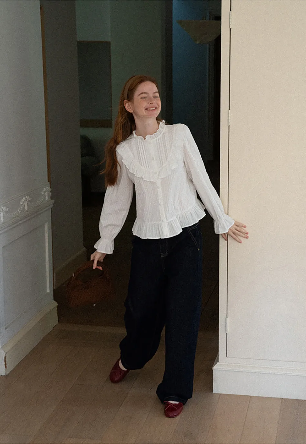 Ruffled Collar Pleated Front Button Up Shirt
