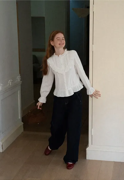 Ruffled Collar Pleated Front Button Up Shirt
