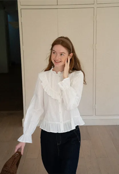 Ruffled Collar Pleated Front Button Up Shirt