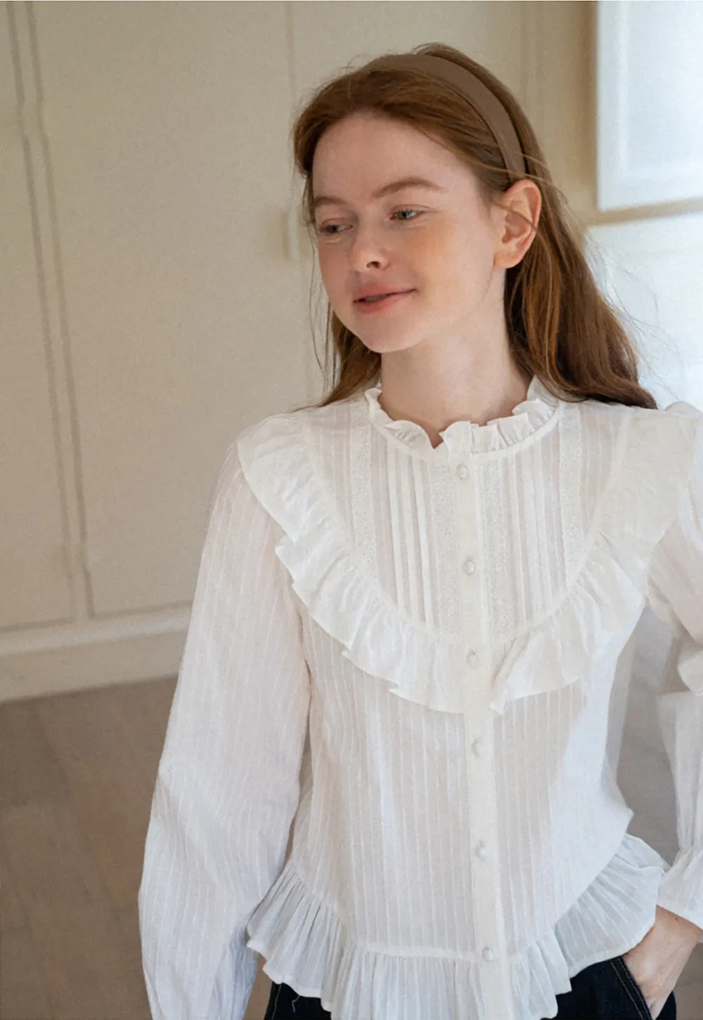 Ruffled Collar Pleated Front Button Up Shirt