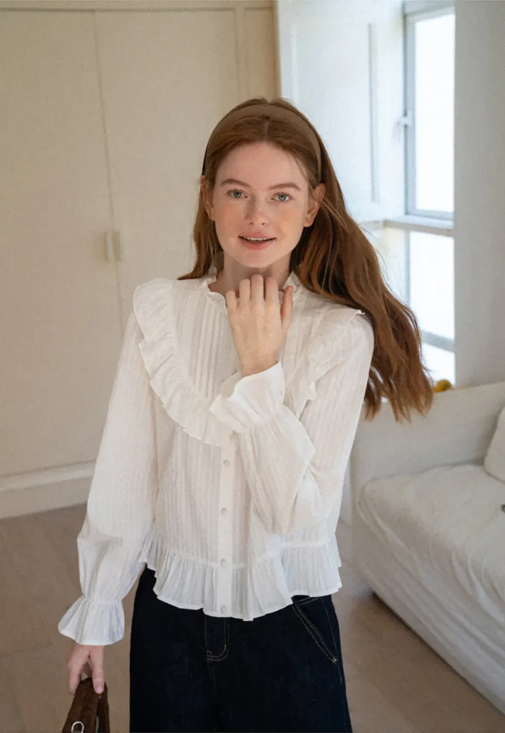 Ruffled Collar Pleated Front Button Up Shirt