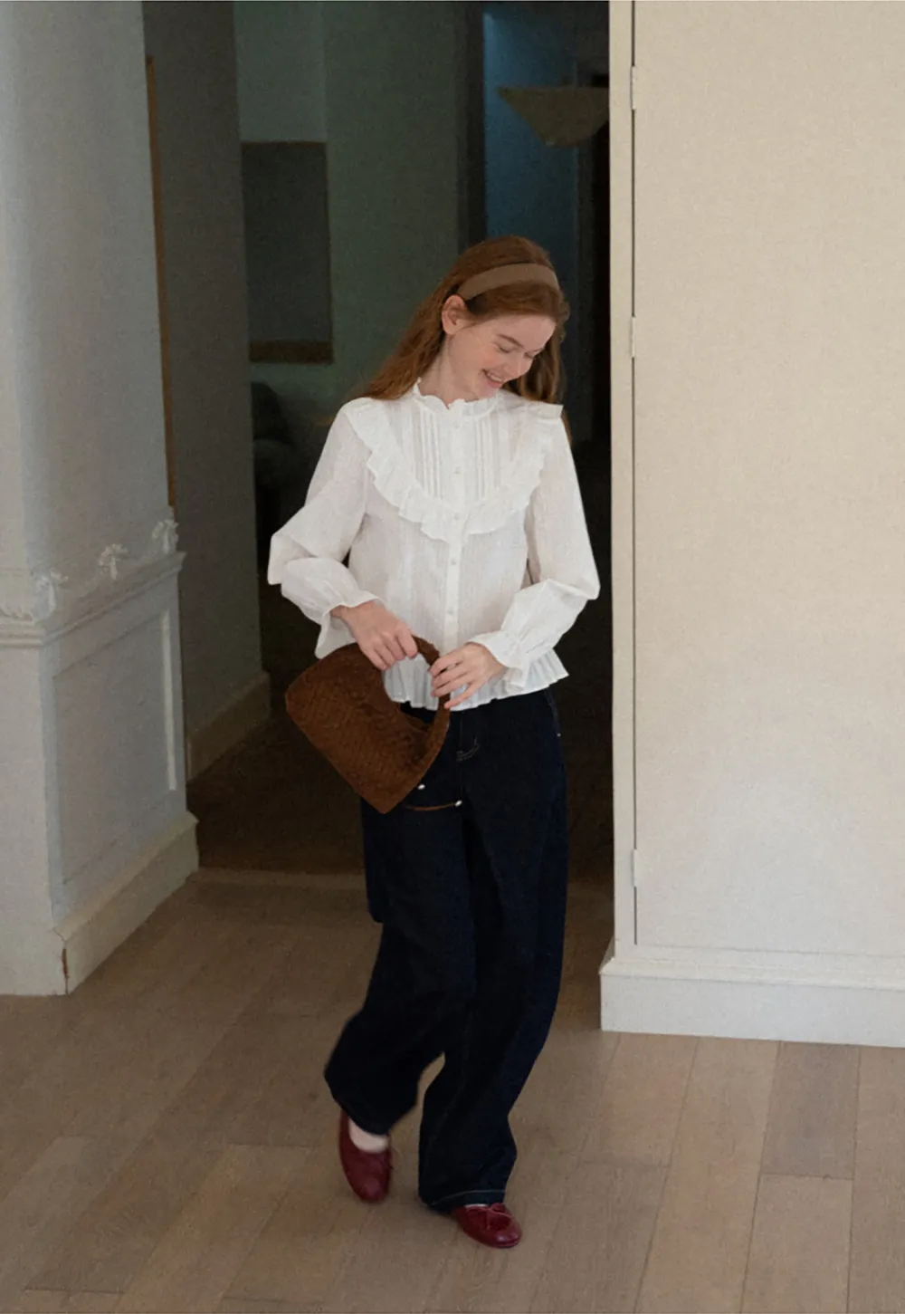 Ruffled Collar Pleated Front Button Up Shirt