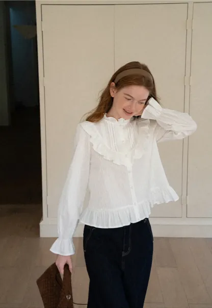 Ruffled Collar Pleated Front Button Up Shirt