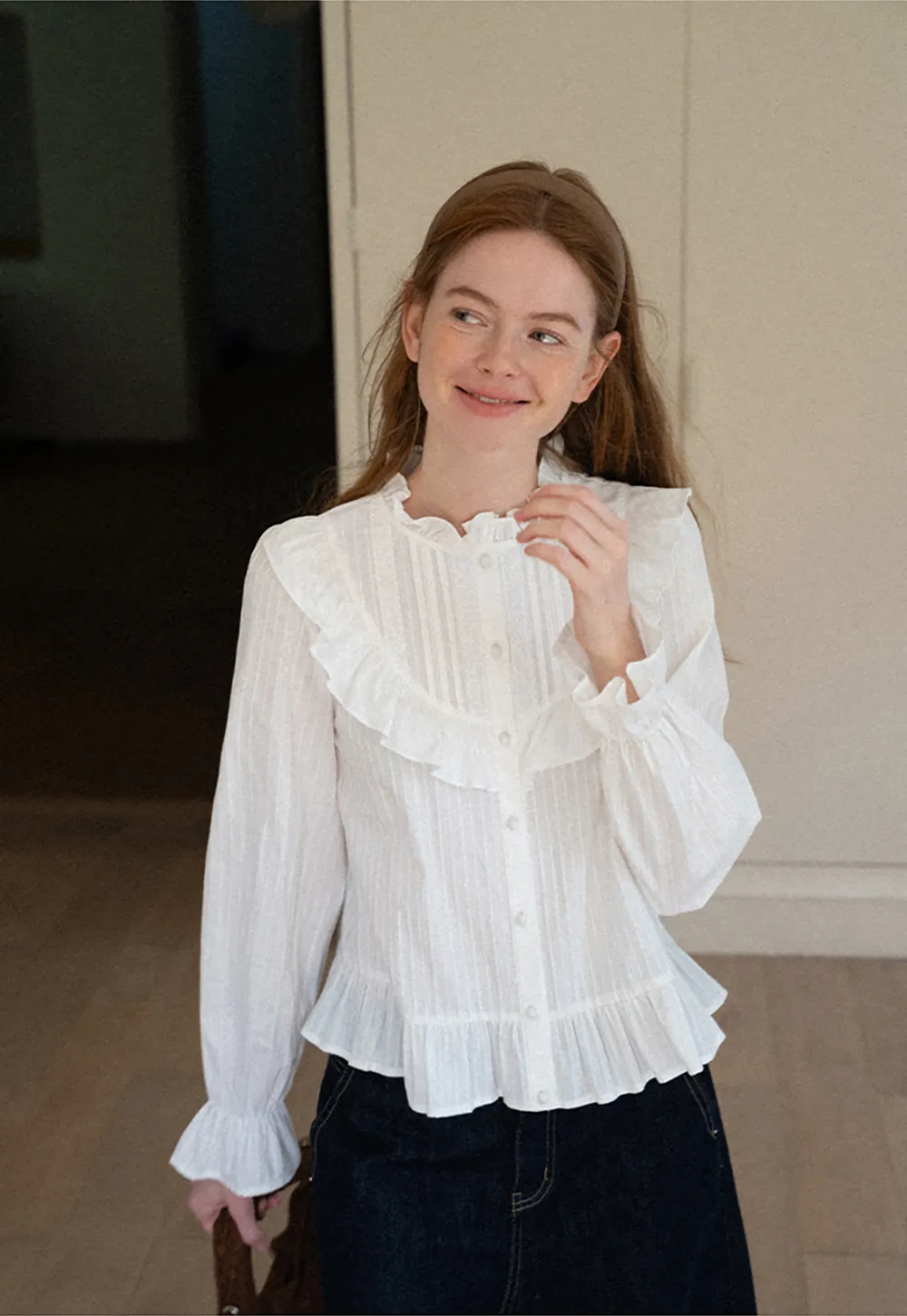 Ruffled Collar Pleated Front Button Up Shirt