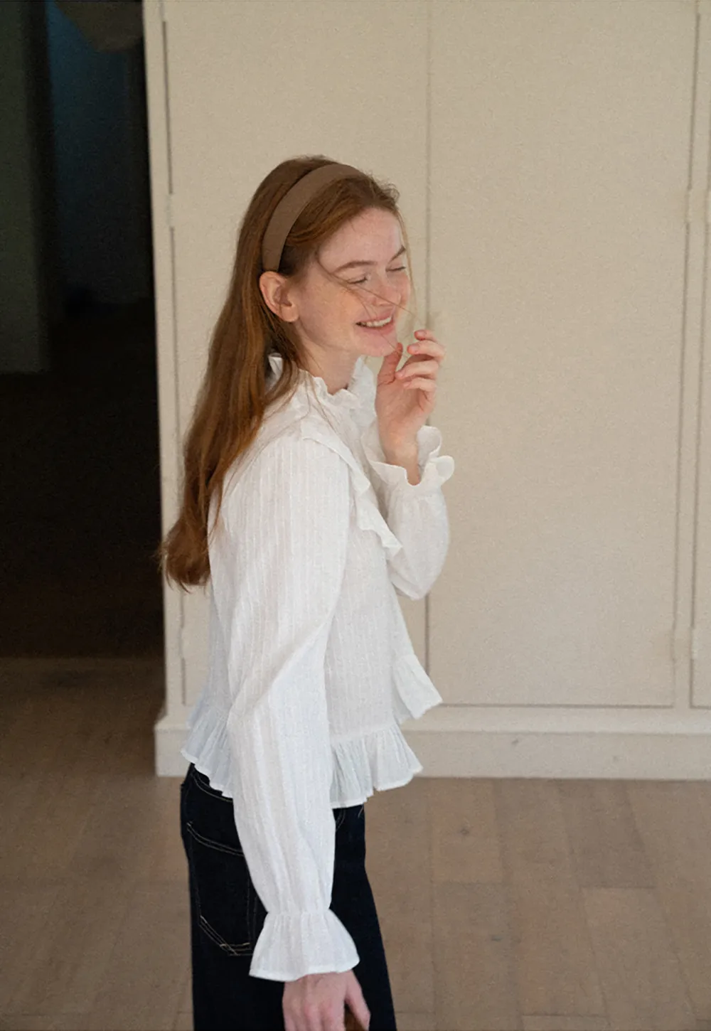 Ruffled Collar Pleated Front Button Up Shirt