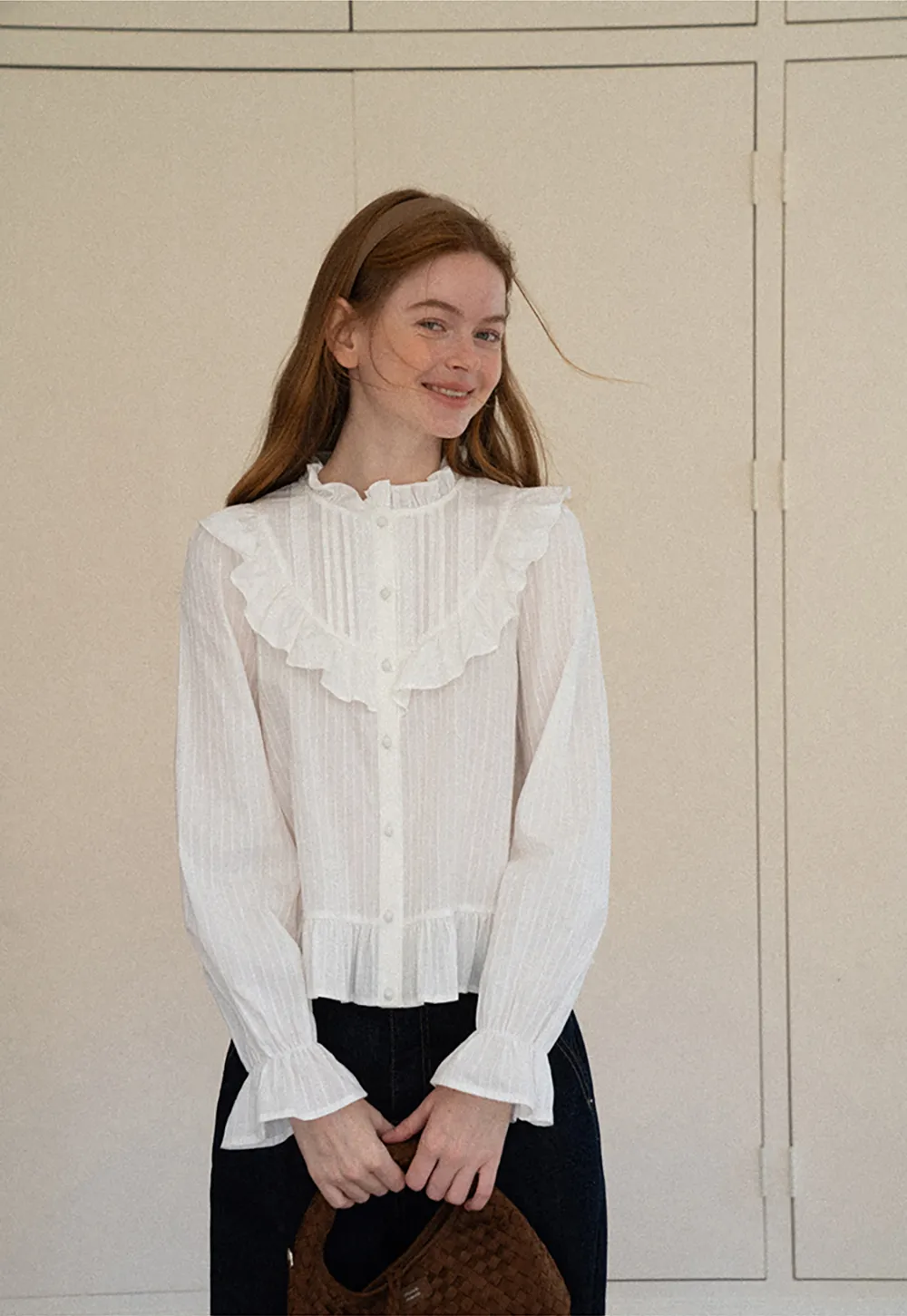 Ruffled Collar Pleated Front Button Up Shirt