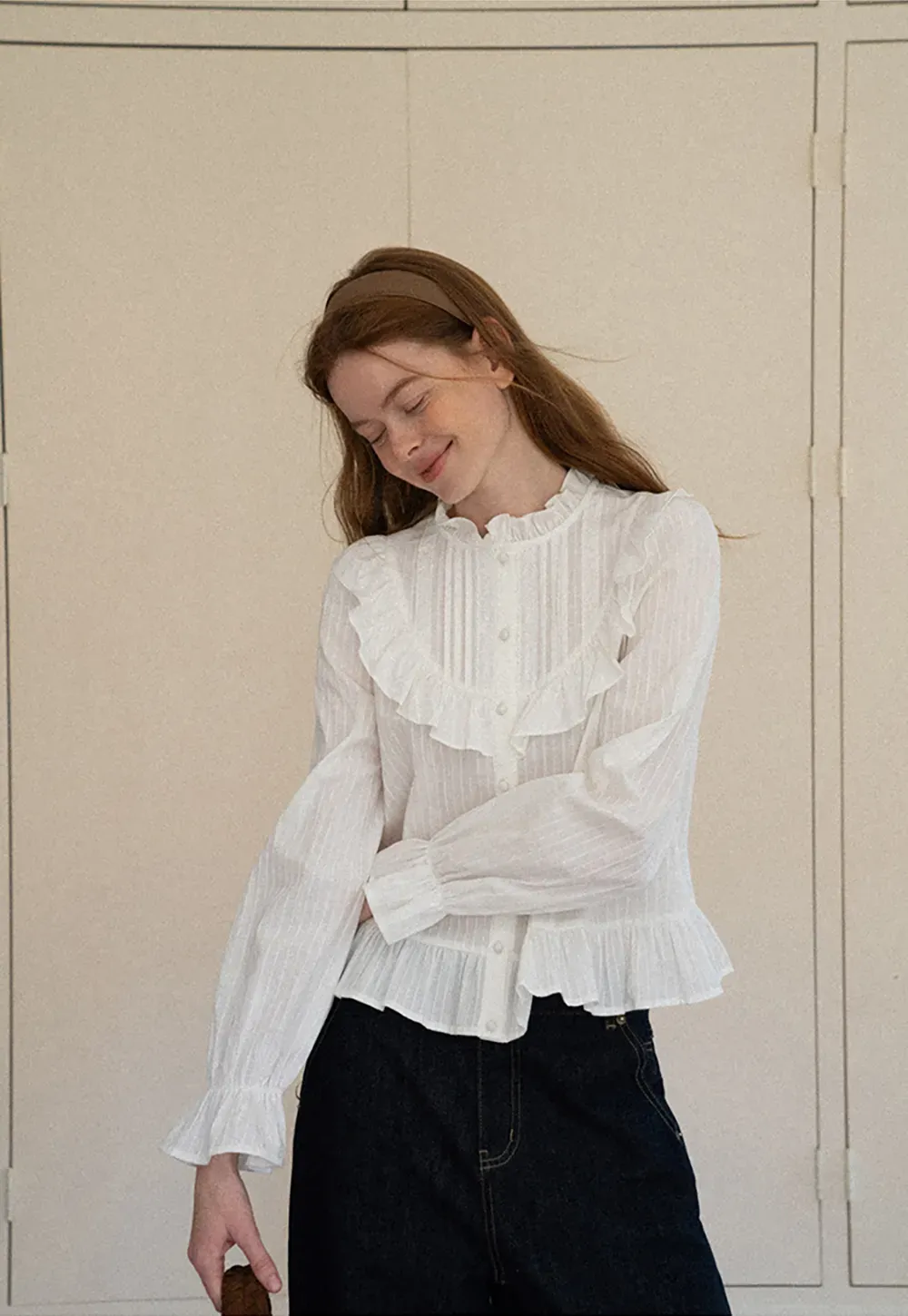Ruffled Collar Pleated Front Button Up Shirt