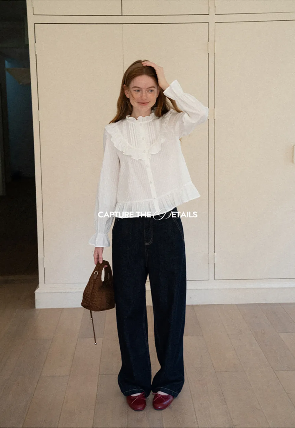 Ruffled Collar Pleated Front Button Up Shirt