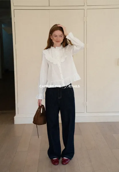 Ruffled Collar Pleated Front Button Up Shirt