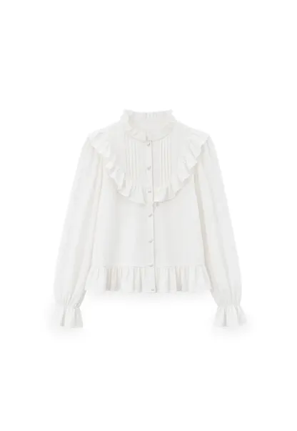 Ruffled Collar Pleated Front Button Up Shirt