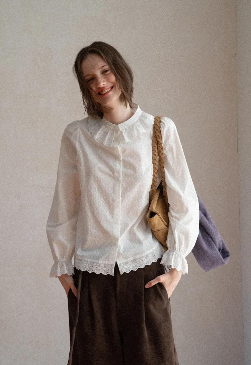 Lace Trim Ruffled Collar Button Up Shirt