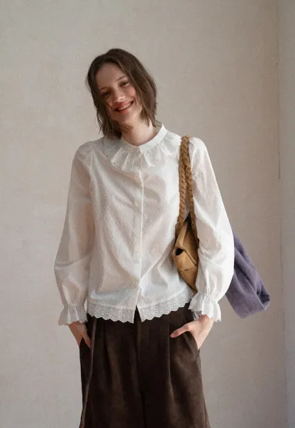 Lace Trim Ruffled Collar Button Up Shirt