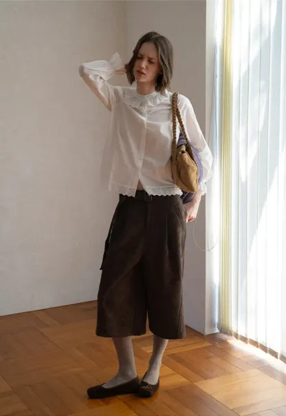Lace Trim Ruffled Collar Button Up Shirt