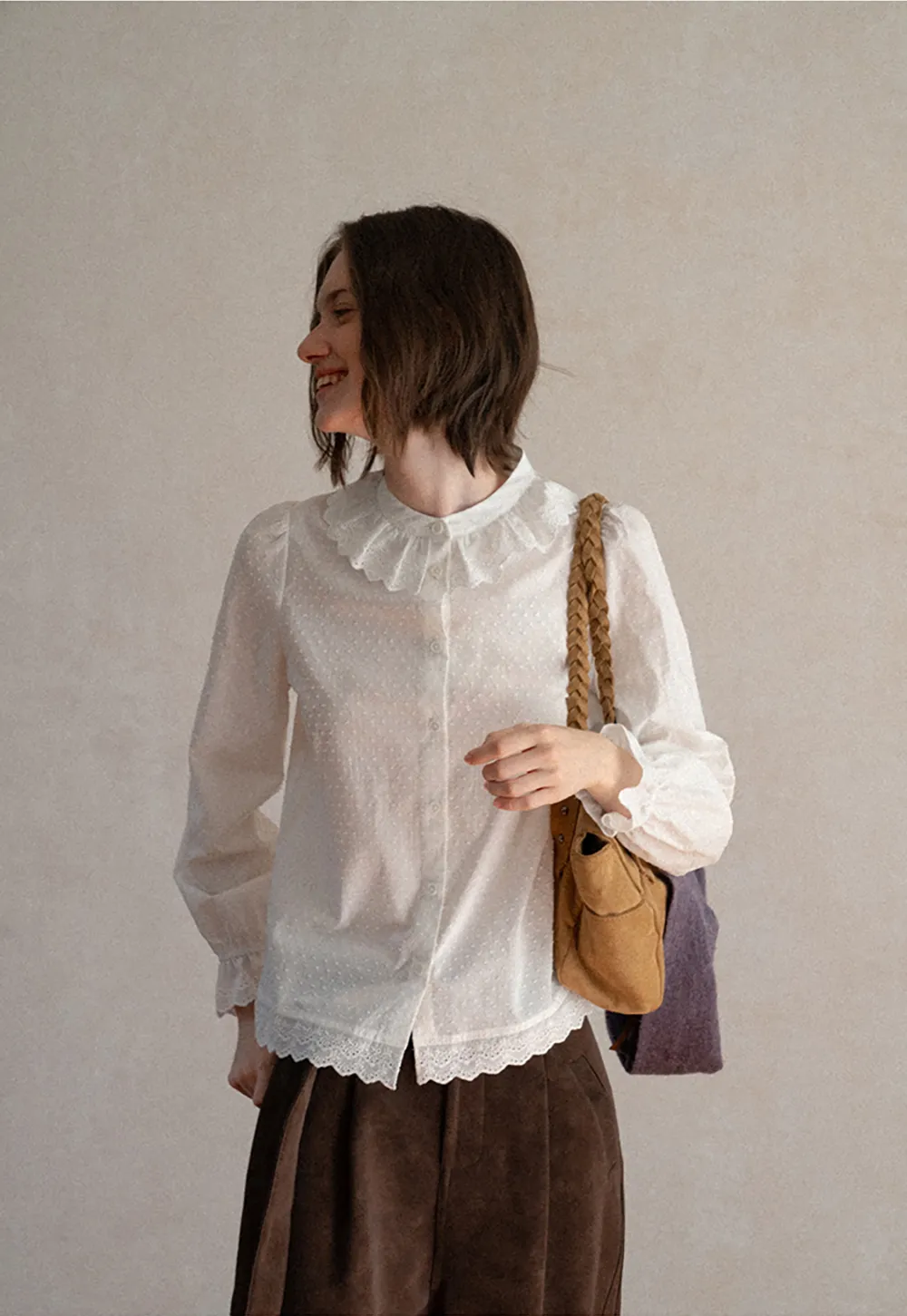 Lace Trim Ruffled Collar Button Up Shirt