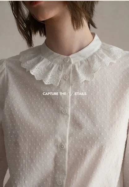 Lace Trim Ruffled Collar Button Up Shirt