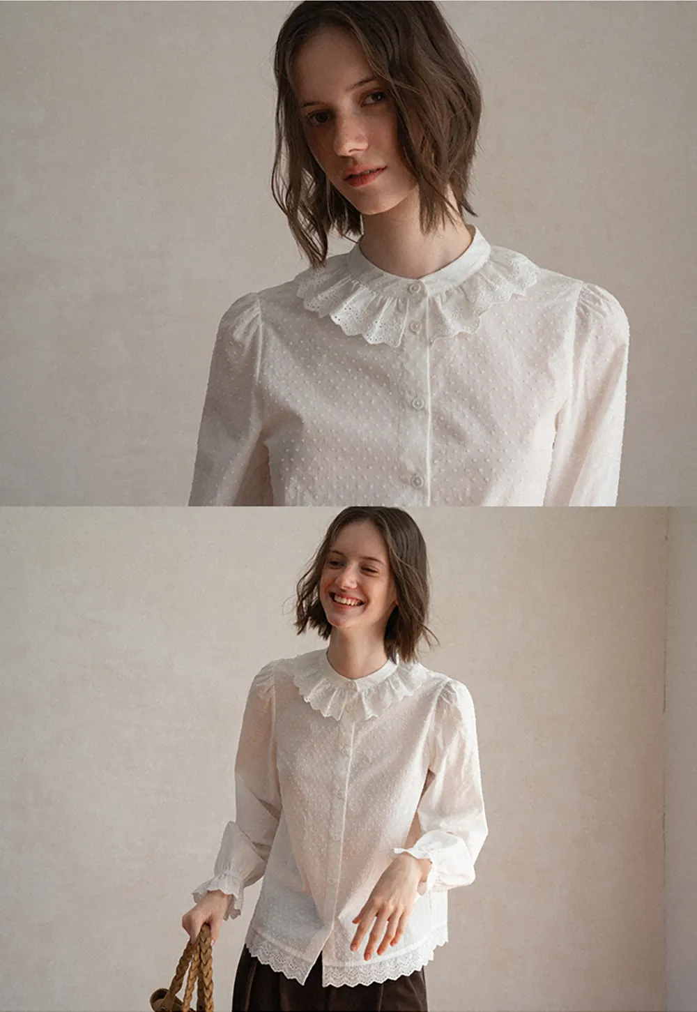 Lace Trim Ruffled Collar Button Up Shirt