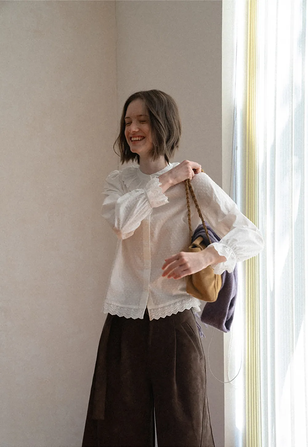 Lace Trim Ruffled Collar Button Up Shirt