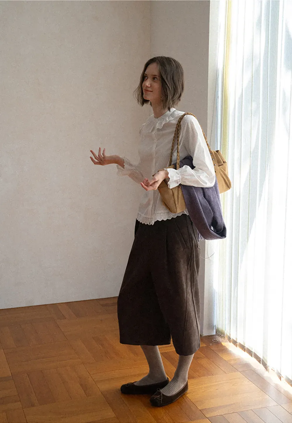 Lace Trim Ruffled Collar Button Up Shirt