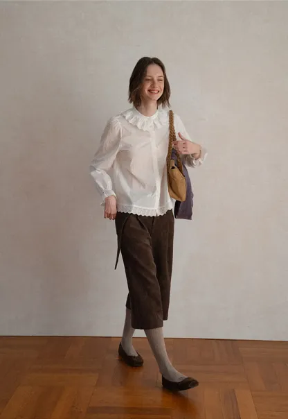 Lace Trim Ruffled Collar Button Up Shirt