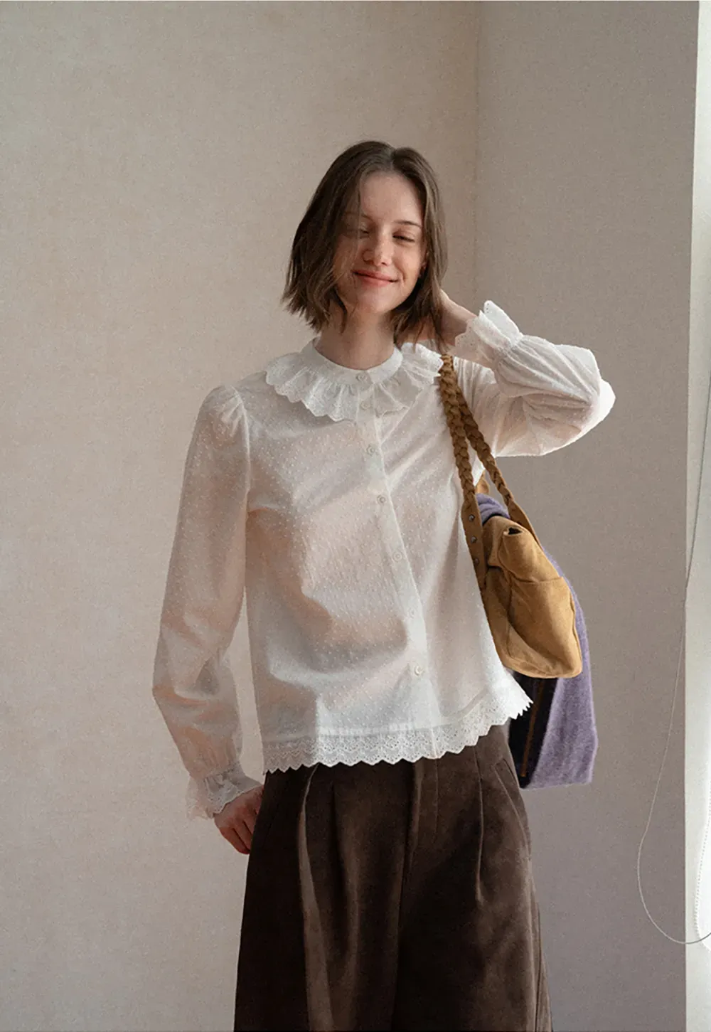 Lace Trim Ruffled Collar Button Up Shirt