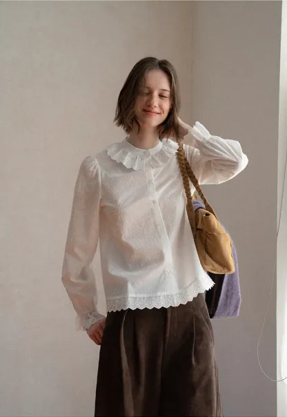 Lace Trim Ruffled Collar Button Up Shirt