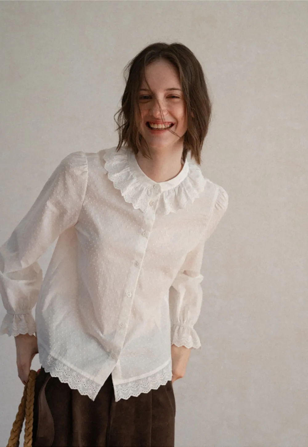Lace Trim Ruffled Collar Button Up Shirt