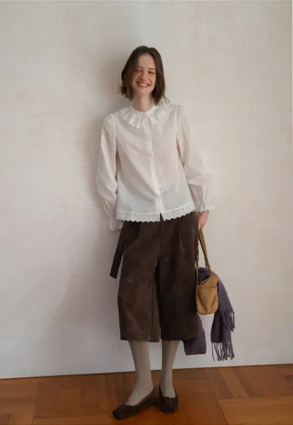 Lace Trim Ruffled Collar Button Up Shirt