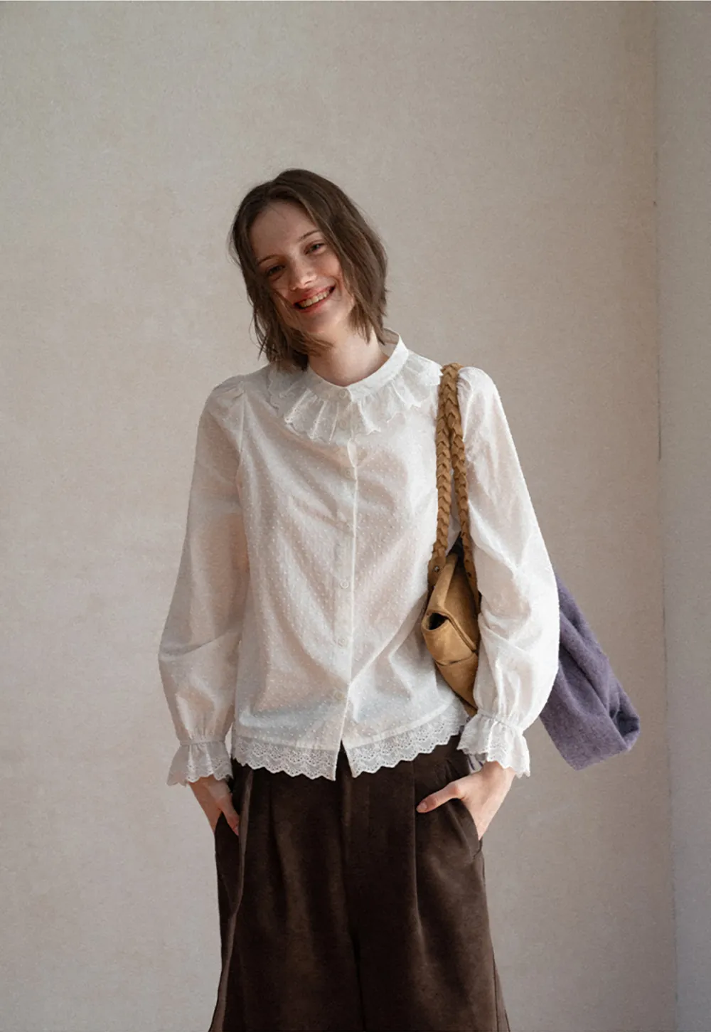 Lace Trim Ruffled Collar Button Up Shirt
