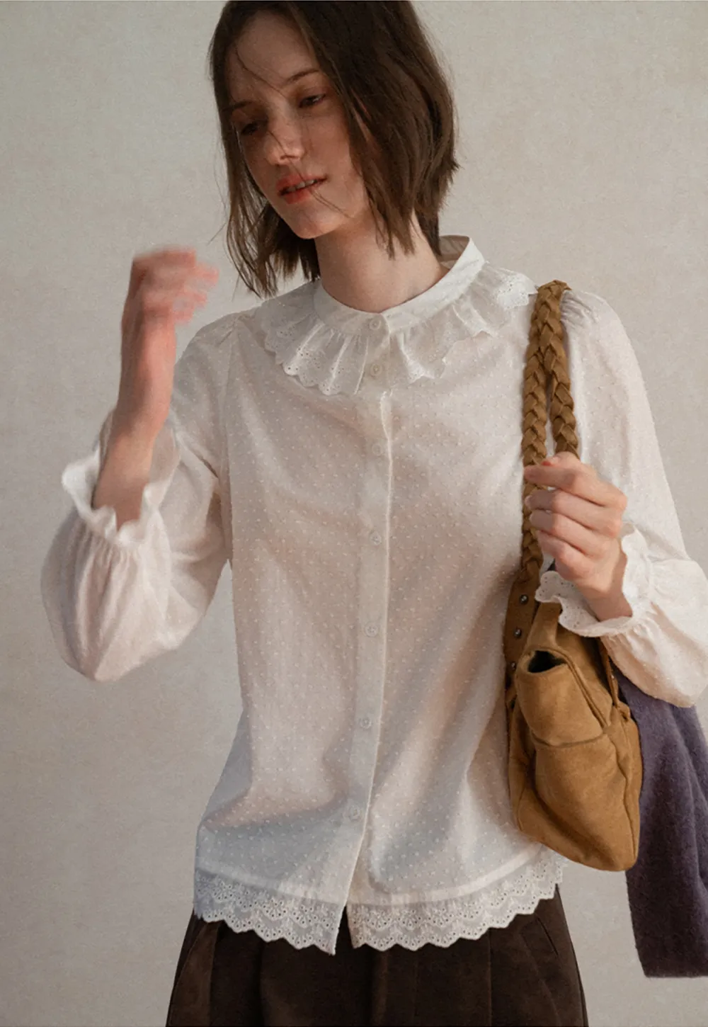 Lace Trim Ruffled Collar Button Up Shirt