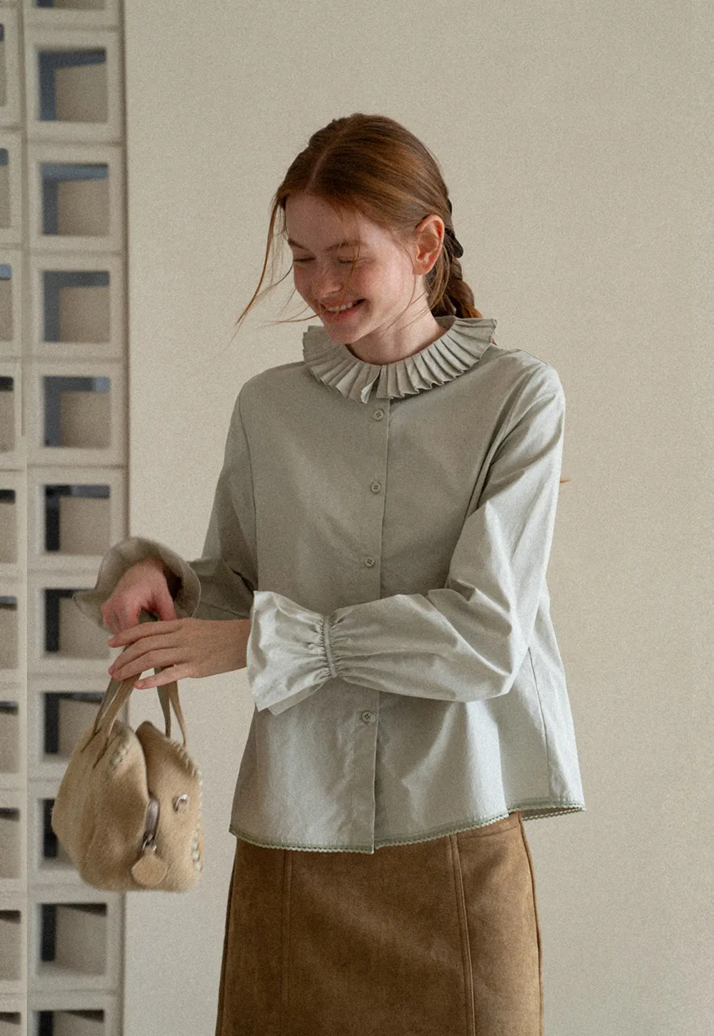 Pleated Collar Ruched Sleeve Button Up Shirt