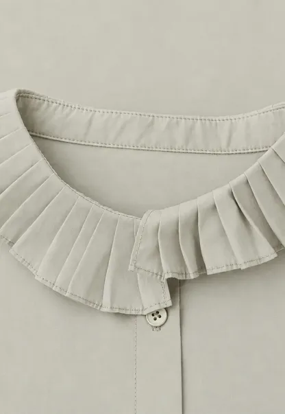 Pleated Collar Ruched Sleeve Button Up Shirt