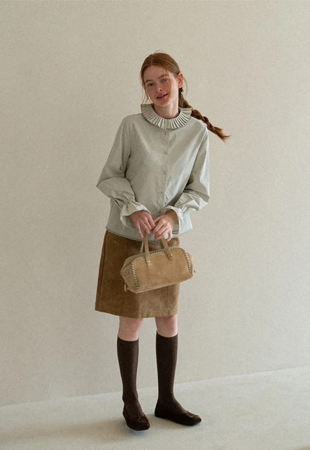 Pleated Collar Ruched Sleeve Button Up Shirt