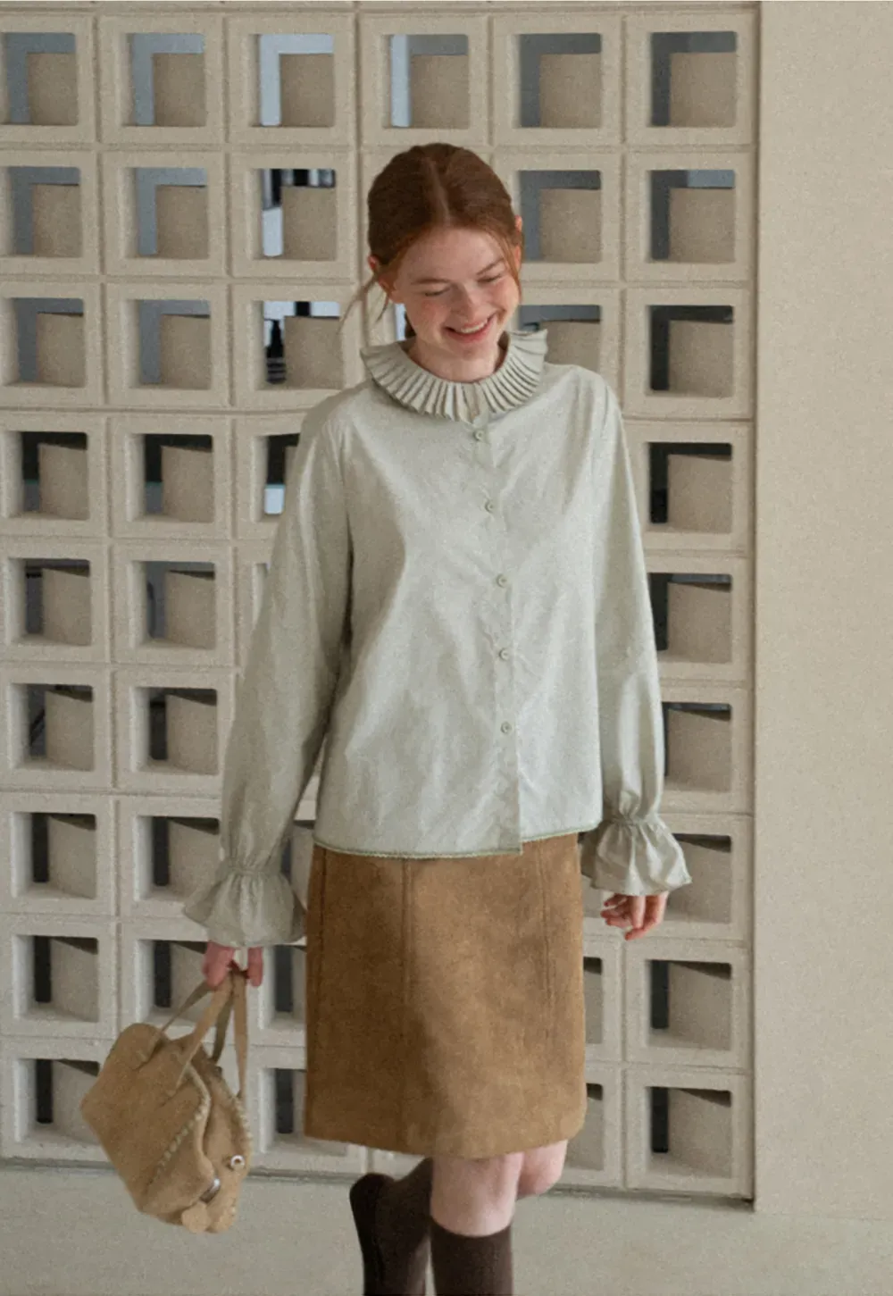 Pleated Collar Ruched Sleeve Button Up Shirt