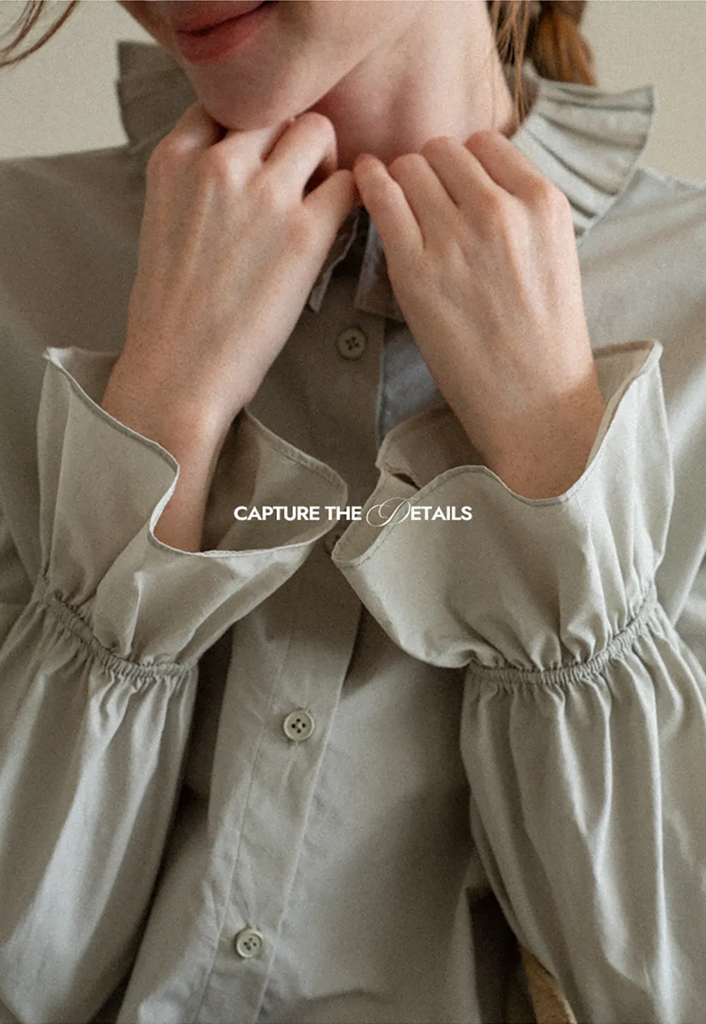 Pleated Collar Ruched Sleeve Button Up Shirt