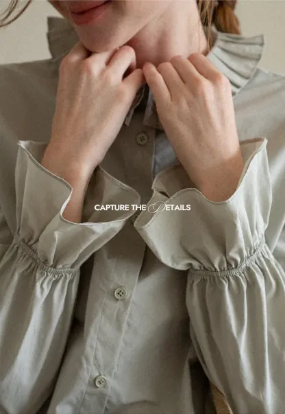 Pleated Collar Ruched Sleeve Button Up Shirt