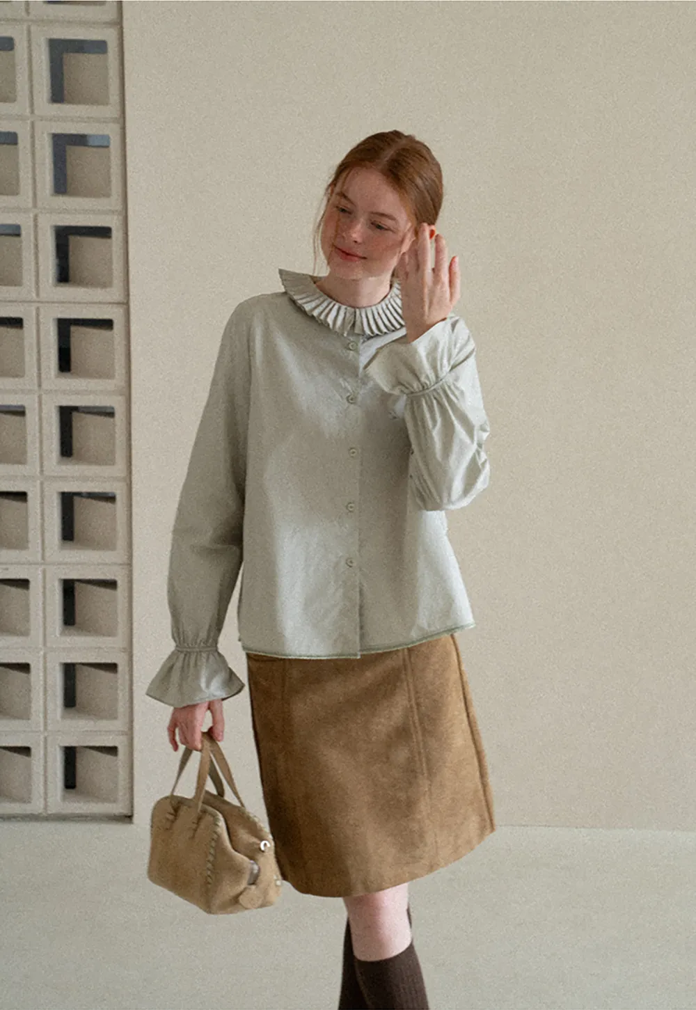 Pleated Collar Ruched Sleeve Button Up Shirt