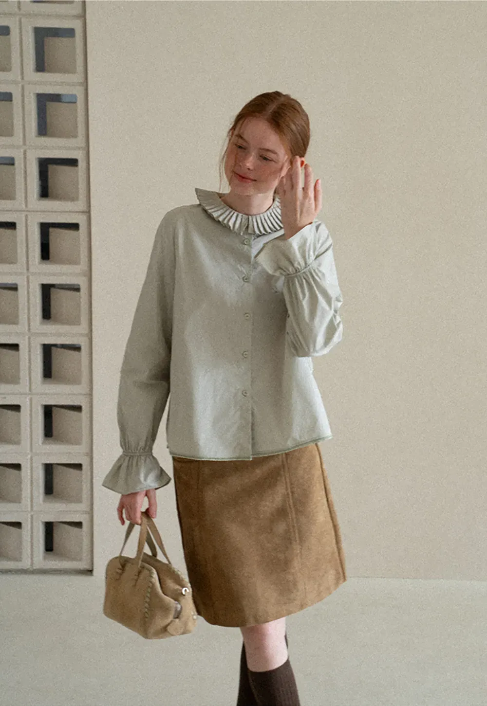 Pleated Collar Ruched Sleeve Button Up Shirt