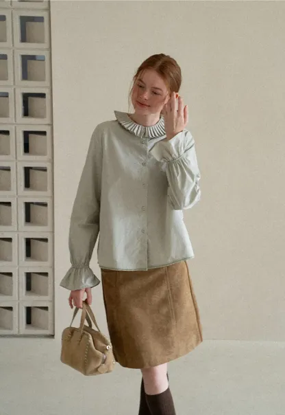 Pleated Collar Ruched Sleeve Button Up Shirt