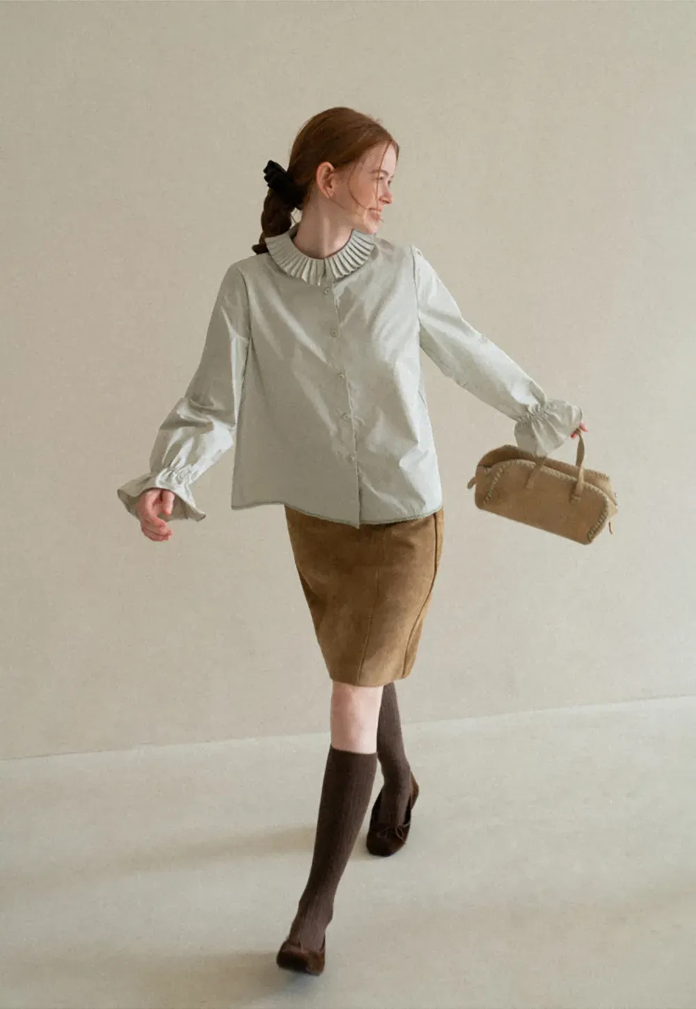 Pleated Collar Ruched Sleeve Button Up Shirt