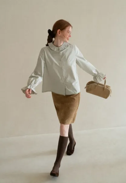 Pleated Collar Ruched Sleeve Button Up Shirt